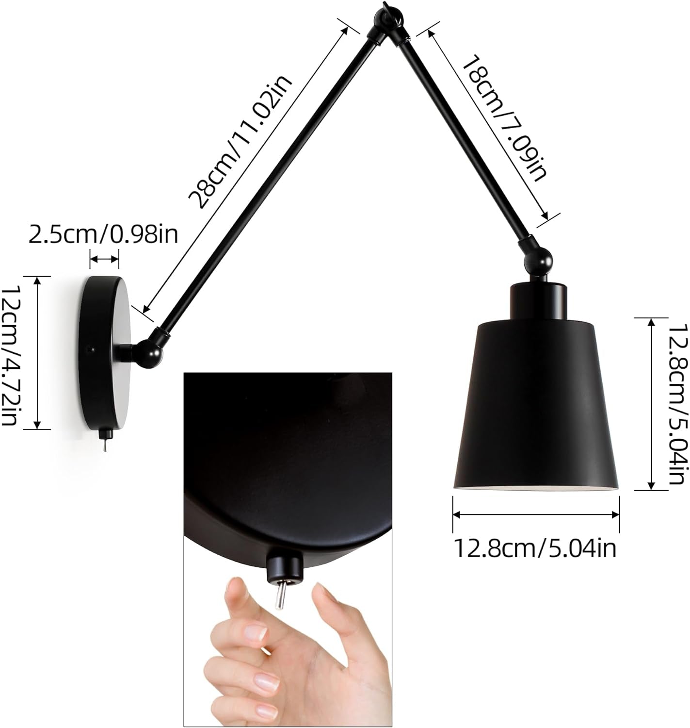 Lampade Da Parete Braccio Oscillante Con Interruttore, 60CM Nera Opaca Specchio Da Camera Illuminazioni per Pareti Lampade Applique Lampada Da Comodino Luce Di Lettura (Includi Lampadina)