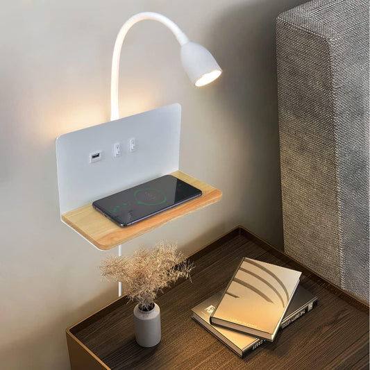 Bianco Applique Da Parete a Led,Lampada Da Parete Con Porte Di Ricarica USB E Ricarica Wireless, Lampada Da Comodino a Parete Con Spina E Cavo,Dimmerabile Luce per Lettura Con Collo D'Oca Girevole