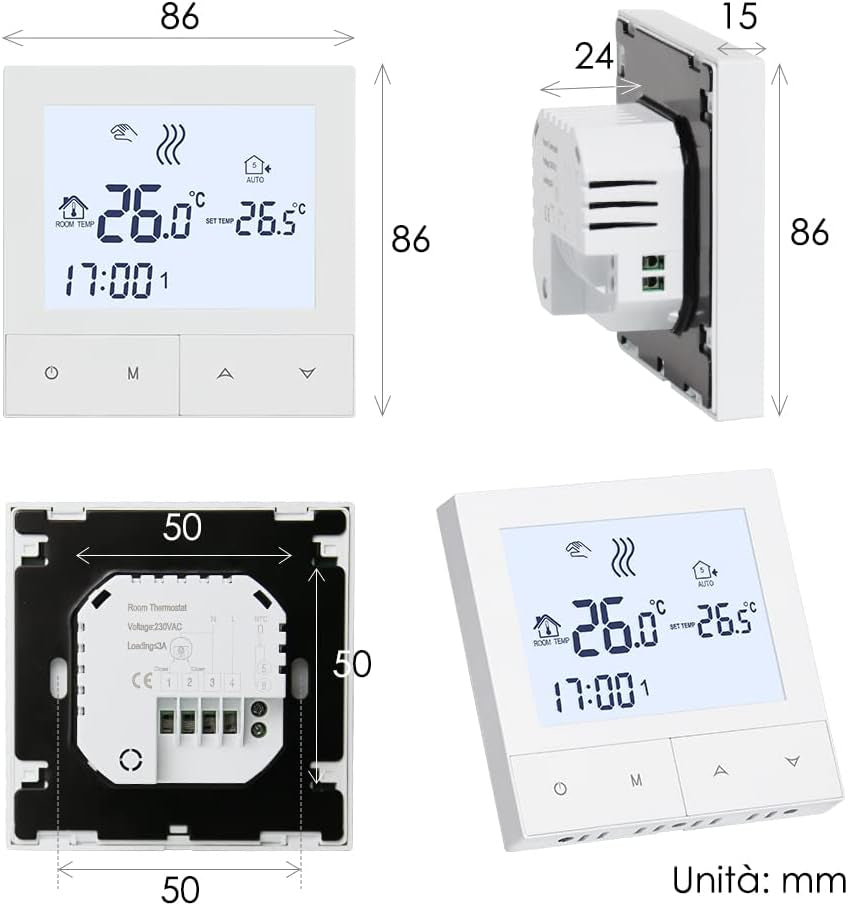 Termostato Smart per Riscaldamento Dell'Acqua,Termostato Ambiente Digitale Programmabile Settimanale Cronotermostato 3A TDS72-WP