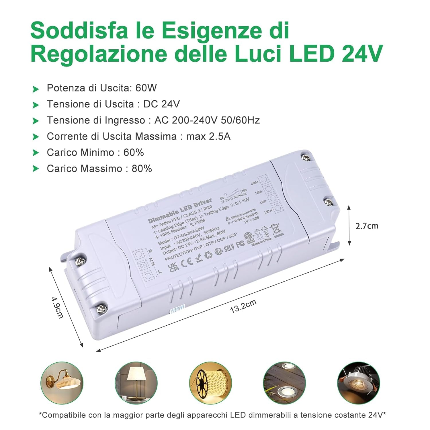 Trasformatore LED 24V 60W Dimmerabile, Triac & 0-10V&1-10V & PWM & Resistenza Da 100K, Alimentatore 24V 2.5A Di Tensione Costante, Driver LED AC 220V to DC Trasformatori Di Bassa Tensione