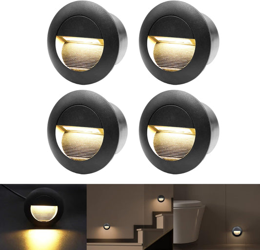 4Er Applique LED Da Incasso per Scale, 3W 3000K Tonde Applique Da Parete, 65Mm Luci Scale Con Scatola Da Incasso Illuminazione Da Parete, IP65 in Alu, per Interno Esterno Scale Giardino, Nero