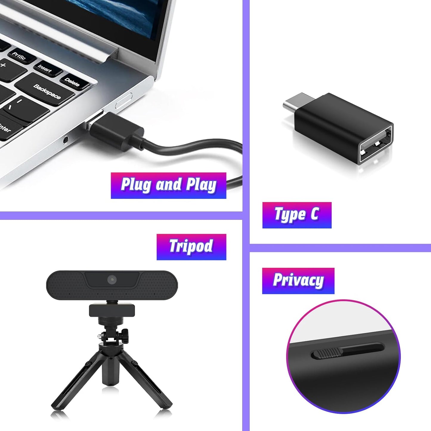 W8GS Webcam 4K, UHD Webcam Pc Con Microfono Treppiede, Autofocus, Protezione Dei Dati, Plug & Play, Campo Visivo 85°, Webcam PC per Mac Desktop Laptop Skype Zoom Streaming