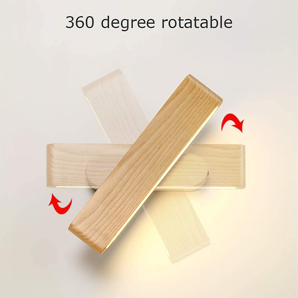 Applique LED, Lampada Da Parete Interno in Legno 360° Girevole per Soggiorno Camera Da Letto Corridoio Bianca Calda (28Cm)
