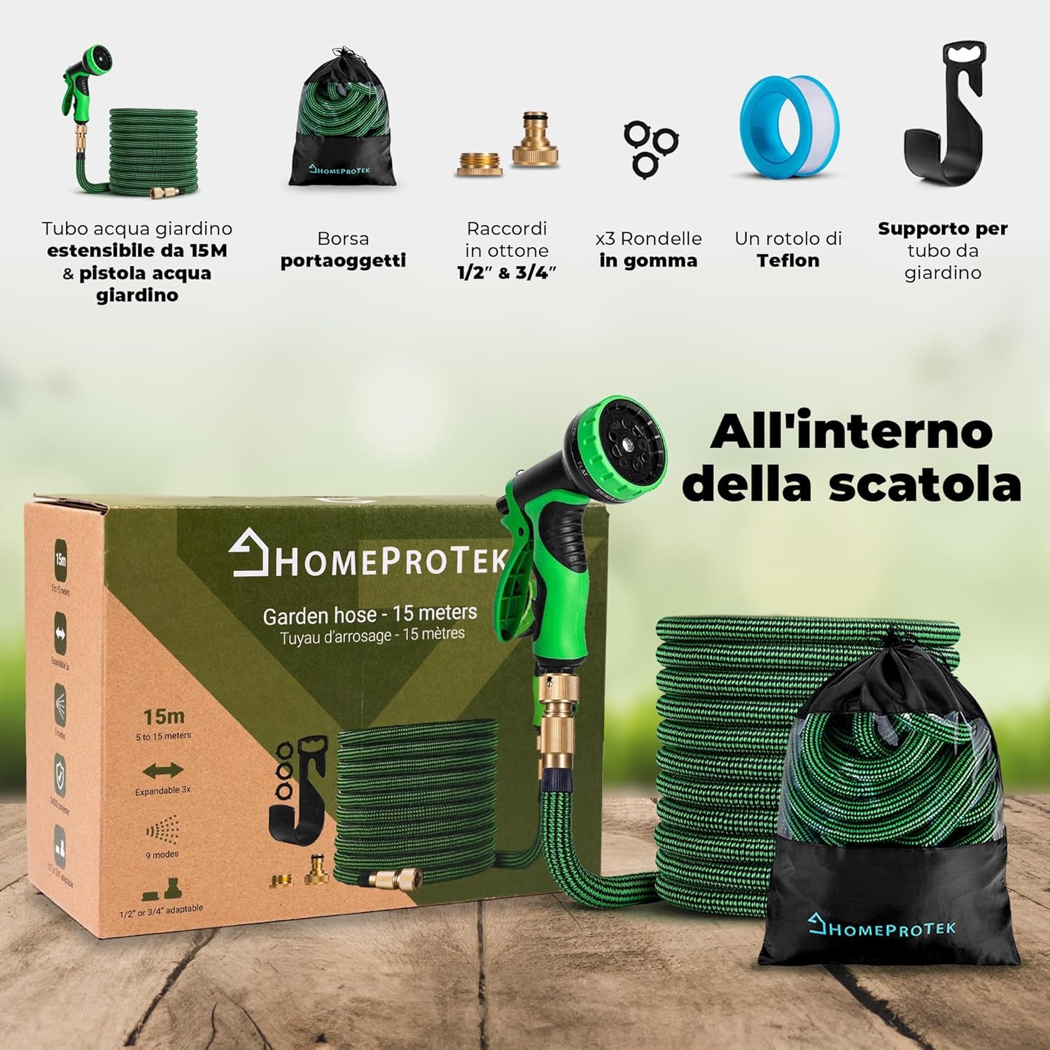 Tubo Acqua Giardino 15 Metri Tubo Estensibile Da Giardino - Canna Acqua Giardino Con Pistola Acqua Giardino a 9 Modalità Di Spruzzo - Tubo Irrigazione Con Raccordi in Ottone Da 1/2" E 3/4