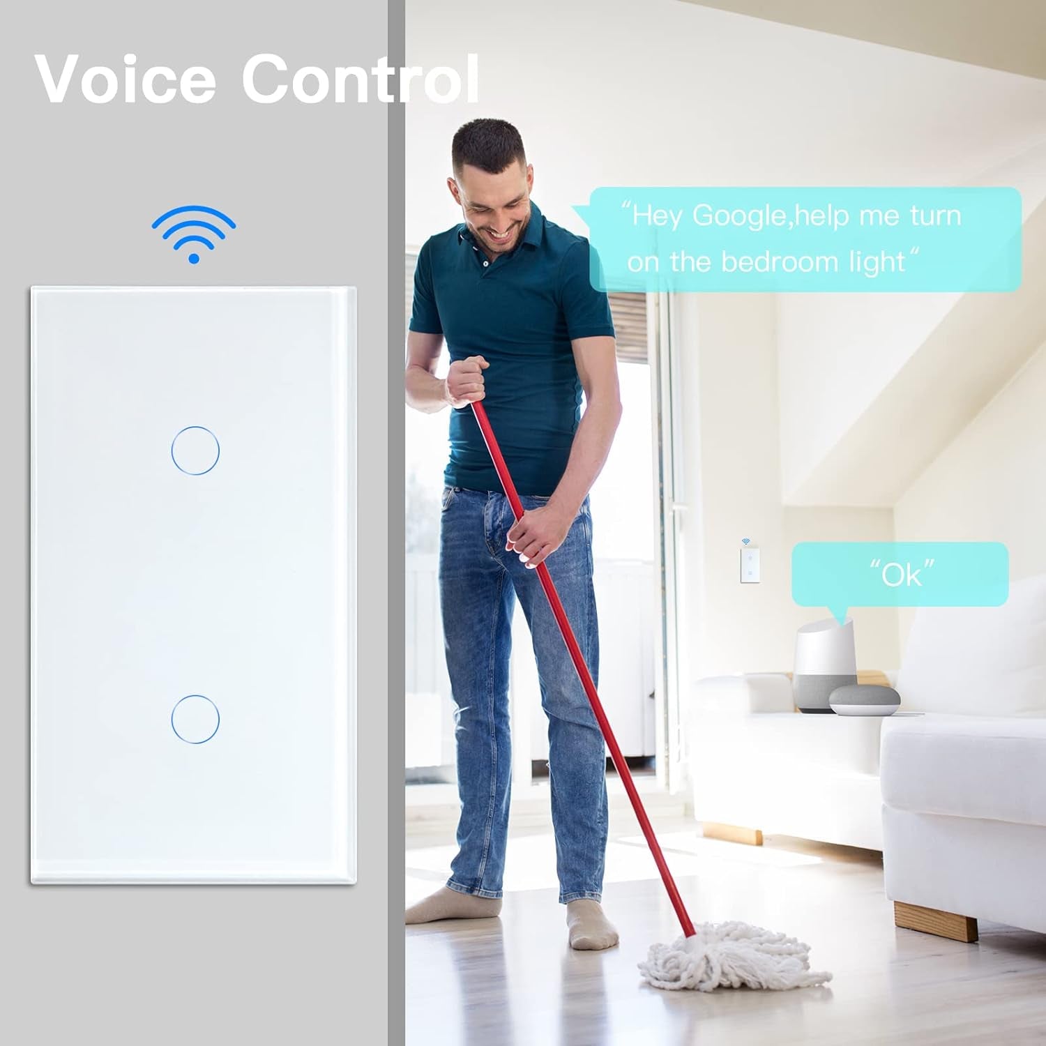 Interruttore Della Luce Smart Alexa, 1 Scomparto a 2 Vie, + 1 Scomparto a 2 Vie, Wifi, Funziona Con Tuya E Google Home, Interruttore Touch Screen in Vetro Bianco (Necessario Filo Neutro) 157 Mm