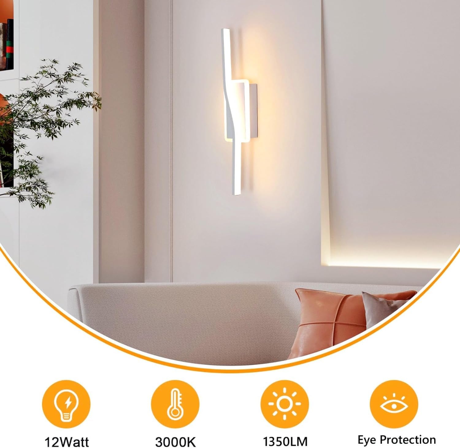 Applique Da Parete Interno, Lampada Da Parete LED Moderna 12W, Luce Bianco Caldo 3000K Lampada a Muro Interni per Camera Da Letto, Soggiorno, Corridoio, Scale