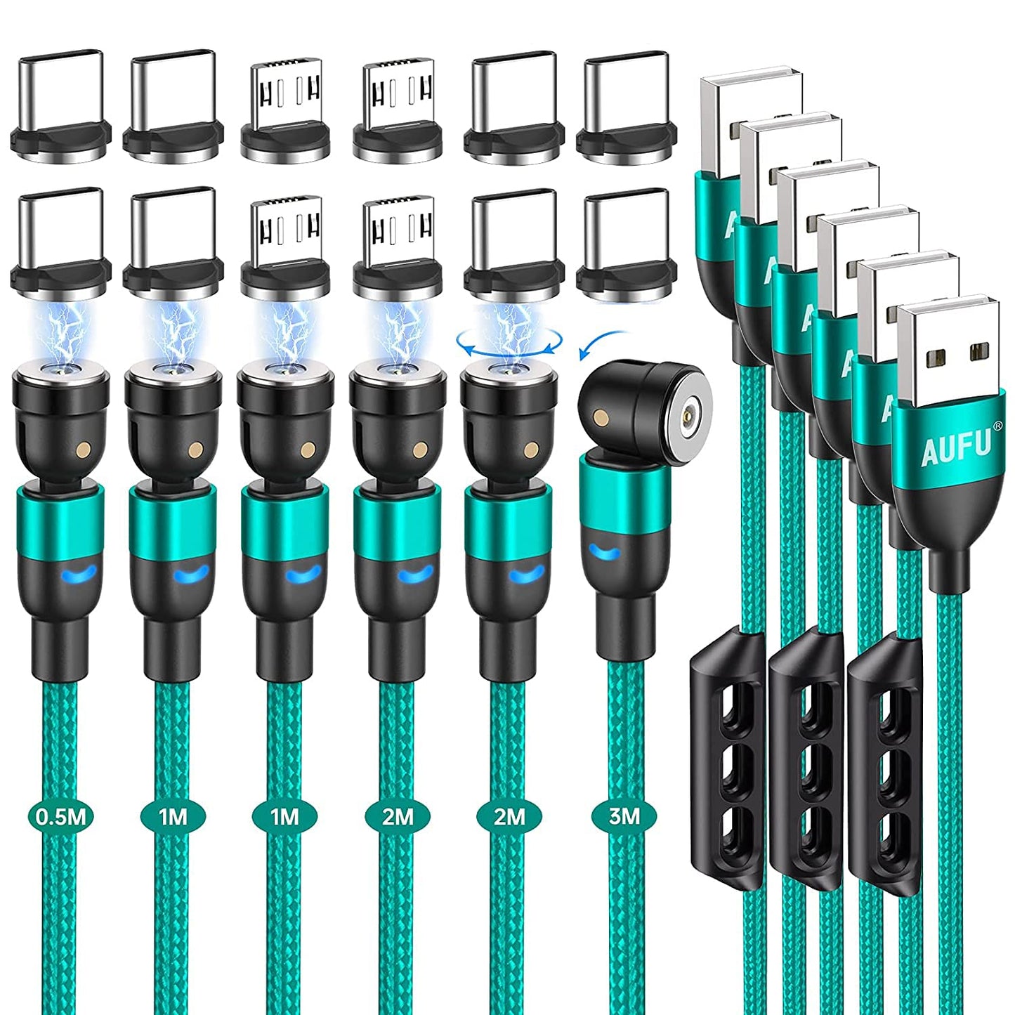 Cavo Magnetico Di Ricarica, USB C Magnetico [6Pezzi, 0.5M/1M/1M/2M/2M/3M] Cavo Magnetico Tipo C Nylon Intrecciato Cavo Ricarica Magnetico Micro USB per Smartphone-Verde