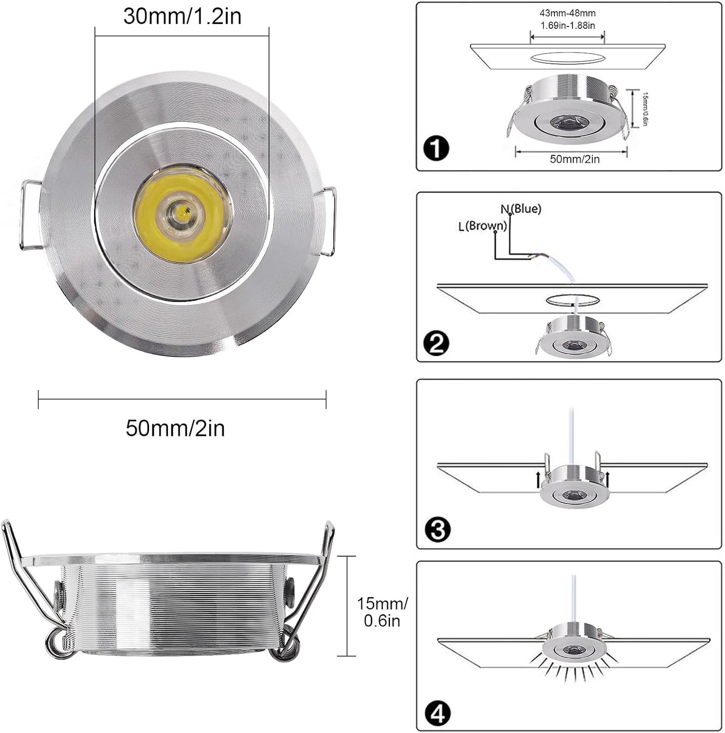 Piccoli Faretti Da Incasso a LED, 10 Pezzi, 1 W, 230 V, Rotondi, Con Trasformatore, Orientabili, Mini Faretti Da Soffitto a LED, 110 Lm, Misura Foro 42-45 Mm