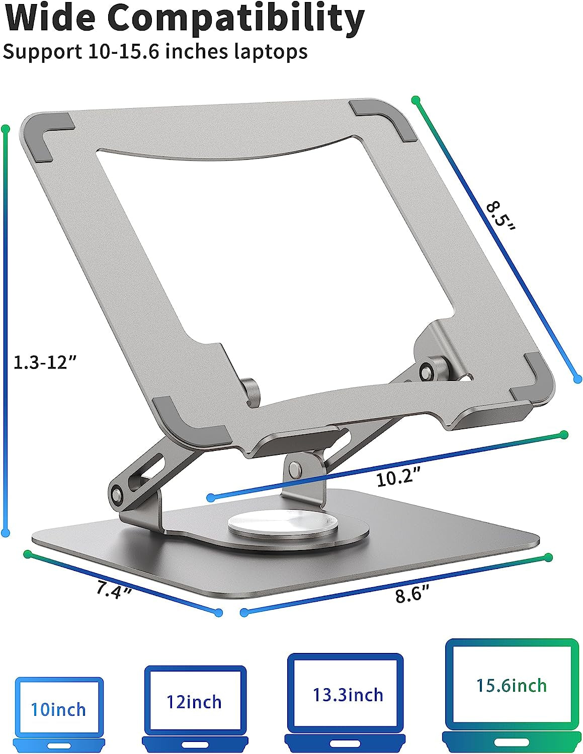 Supporto per Computer Portatile Con Base Girevole a 360°, Riser Ergonomico per Scrivania, Altezza Regolabile Muti-Angle, Supporto Stabile in Metallo Da 10 a 15,6 Pollici, Argento