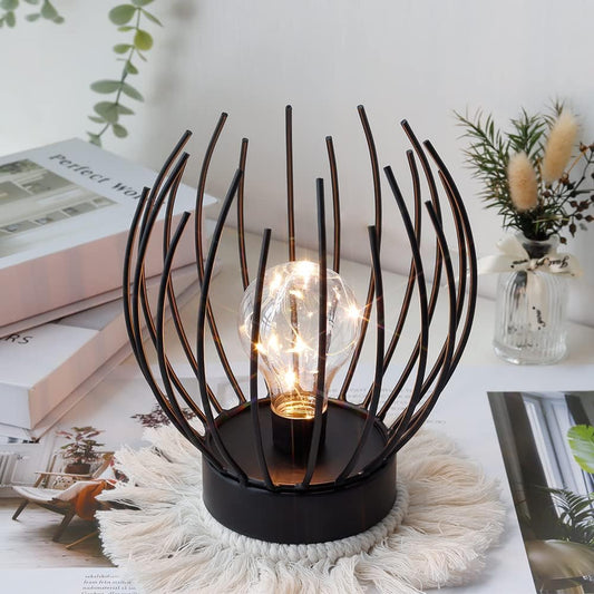 Lampada Da Tavolo in Metallo Decorazione Lampada Senza Fili Lampade Comodino Camera Da Letto a Batteria Caricata Con Lampadina Sferico per Matrimoni Feste Patio Eventi All'Aperto(Nera)