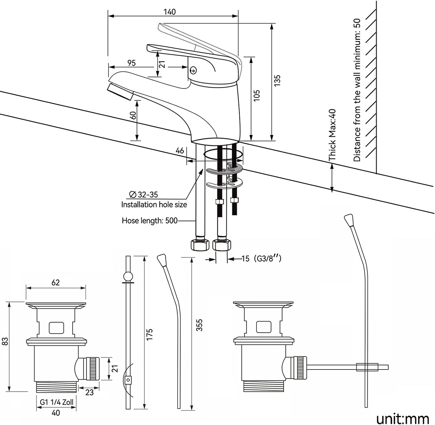 Rubinetto Bagno Lavabo,  Miscelatore, Scarico a Saltarello Con Asta Piletta, Rubinetto Monocomando per Piletta Lavandino, Classico Ottone Cromato Rubinetti