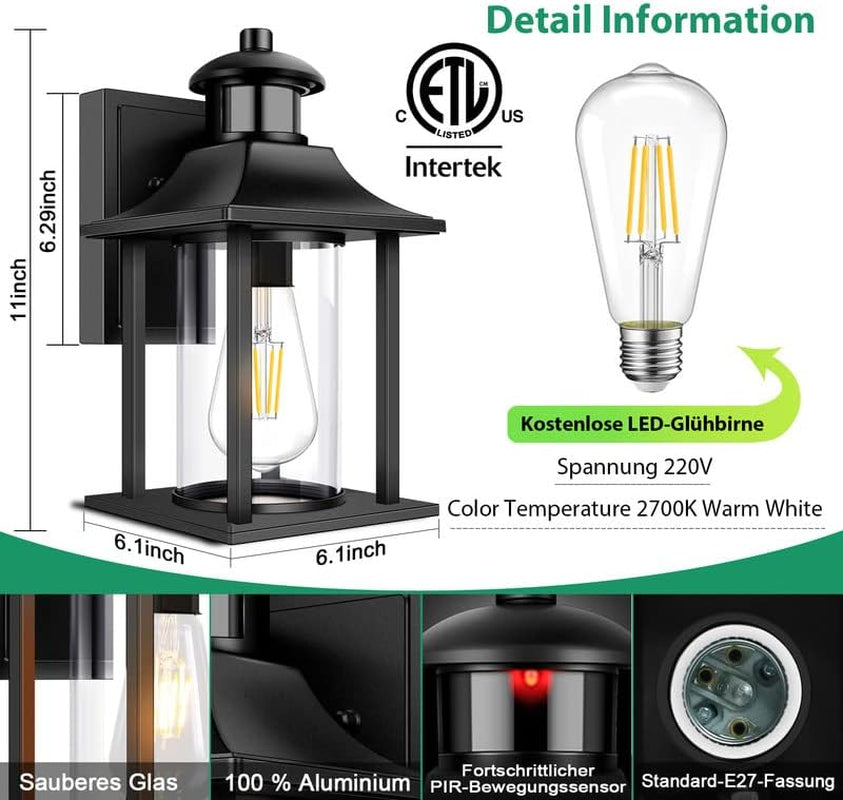 Lampada da esterno Lamomo con rilevatore di movimento, lampada con 3 modalità di illuminazione con rilevatore di movimento esterno, applique da esterno a LED in alluminio impermeabile IP23 per la casa