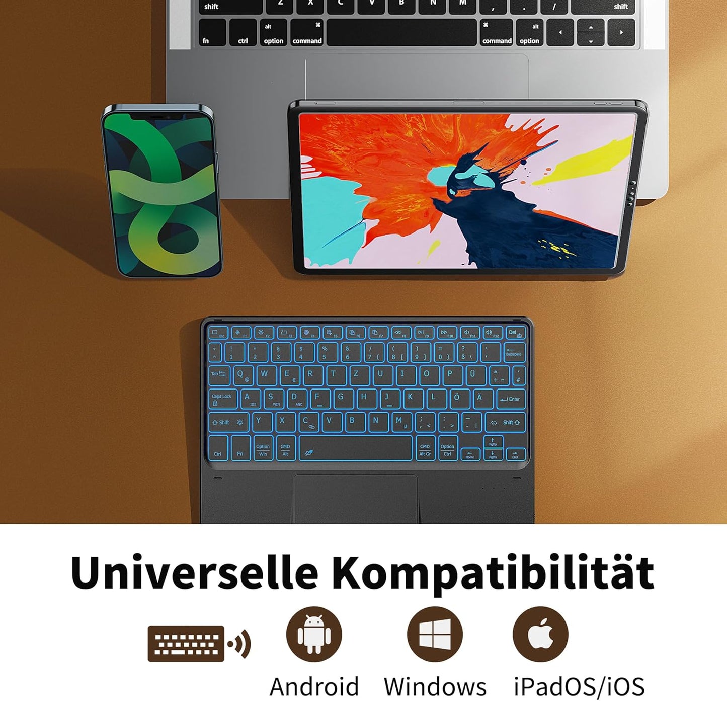 Tastiera Touchpad, Tastiera QWERTZ Senza Fili Con 7 Colori Illuminati Compatibile Con Ipad, Tablet Android, Windows, 10 Pollici, Nero