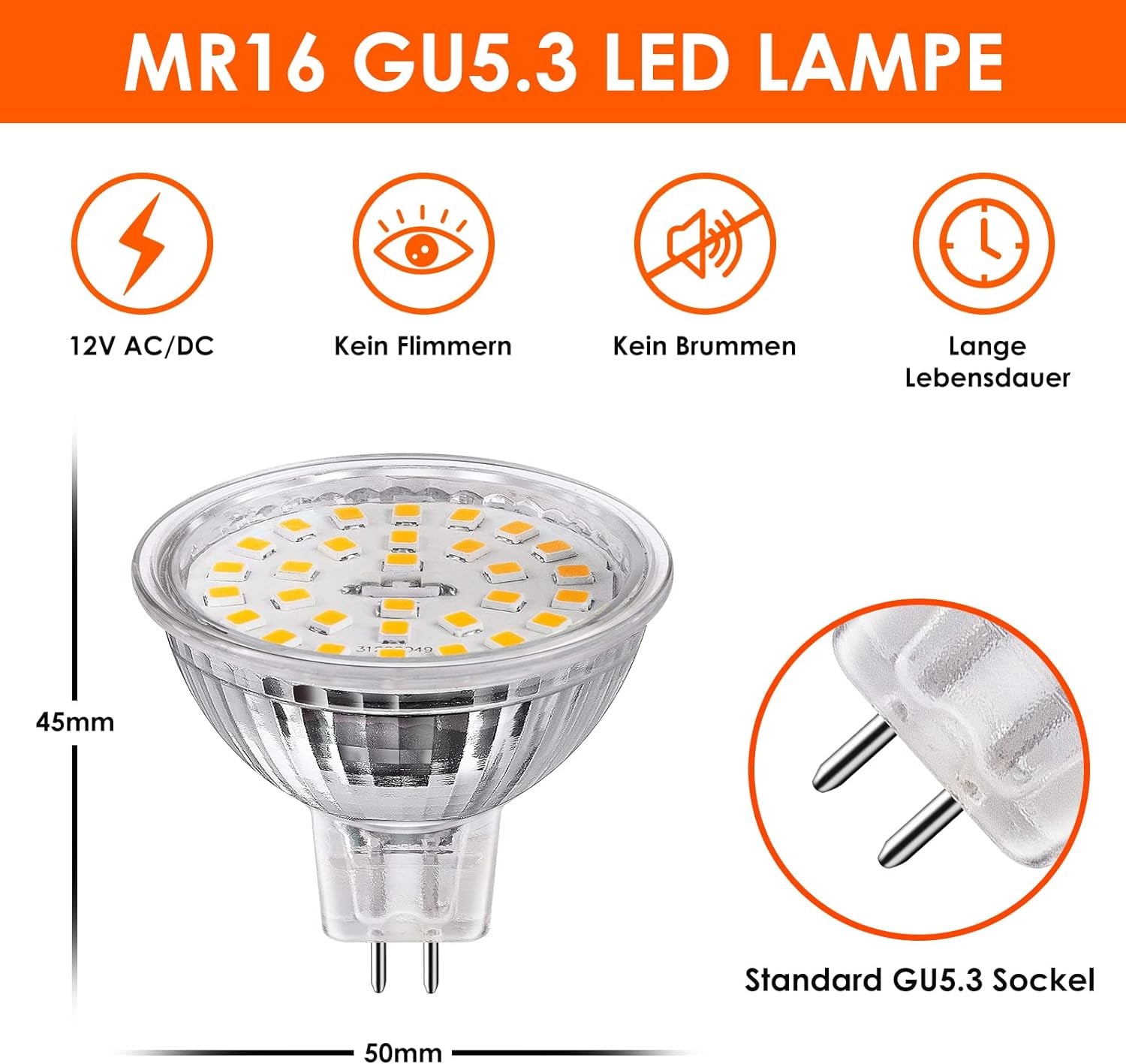 GU5.3 LED Bianco Caldo CRI>90, 2700K MR16 4,7W 520Lm, AC/DC 12V, Sostituisce 50 Watt, Angolo Di Emissione 120°, Non-Dimmerabile, Confezione Da 10 Pz