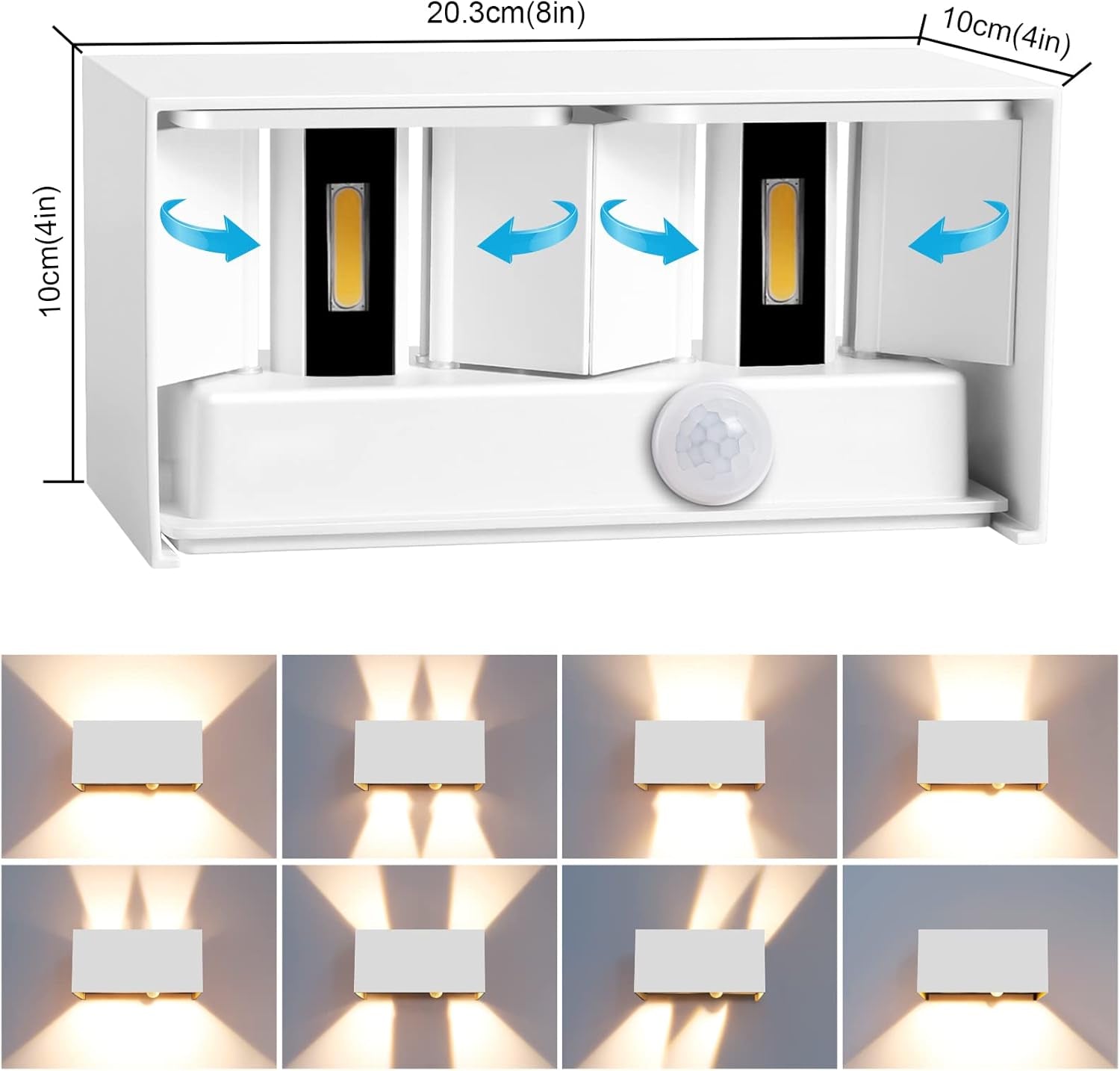 20W Applique Da Parete Con Sensore Di Movimento 3000K Bianco Caldo Lampade Da Parete Angolo Del Fascio Regolabile LED Applique Da Interni/Esterni IP65 Impermeabile (Bianco)