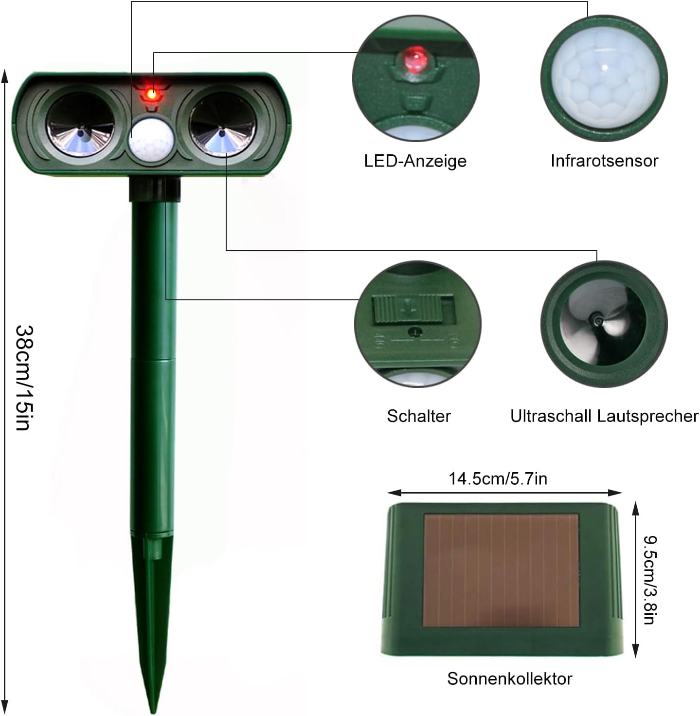 Spaventatore Solare per Gatti, a Ultrasuoni, Impermeabile, Con Sensore Di Movimento PIR, per Giardino, Efficace Contro Gatti, Cani, Martore E Uccelli