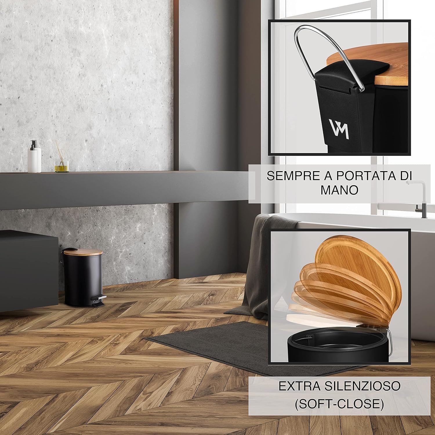 Pattumiera per Cosmetici 3L in Nobile Design Nero/Cestino Spazzatura Con Chiusura Automatica/Cestino Elegante per Il Bagno Con Contenitore Interno E Coperchio in Legno Di Bambù