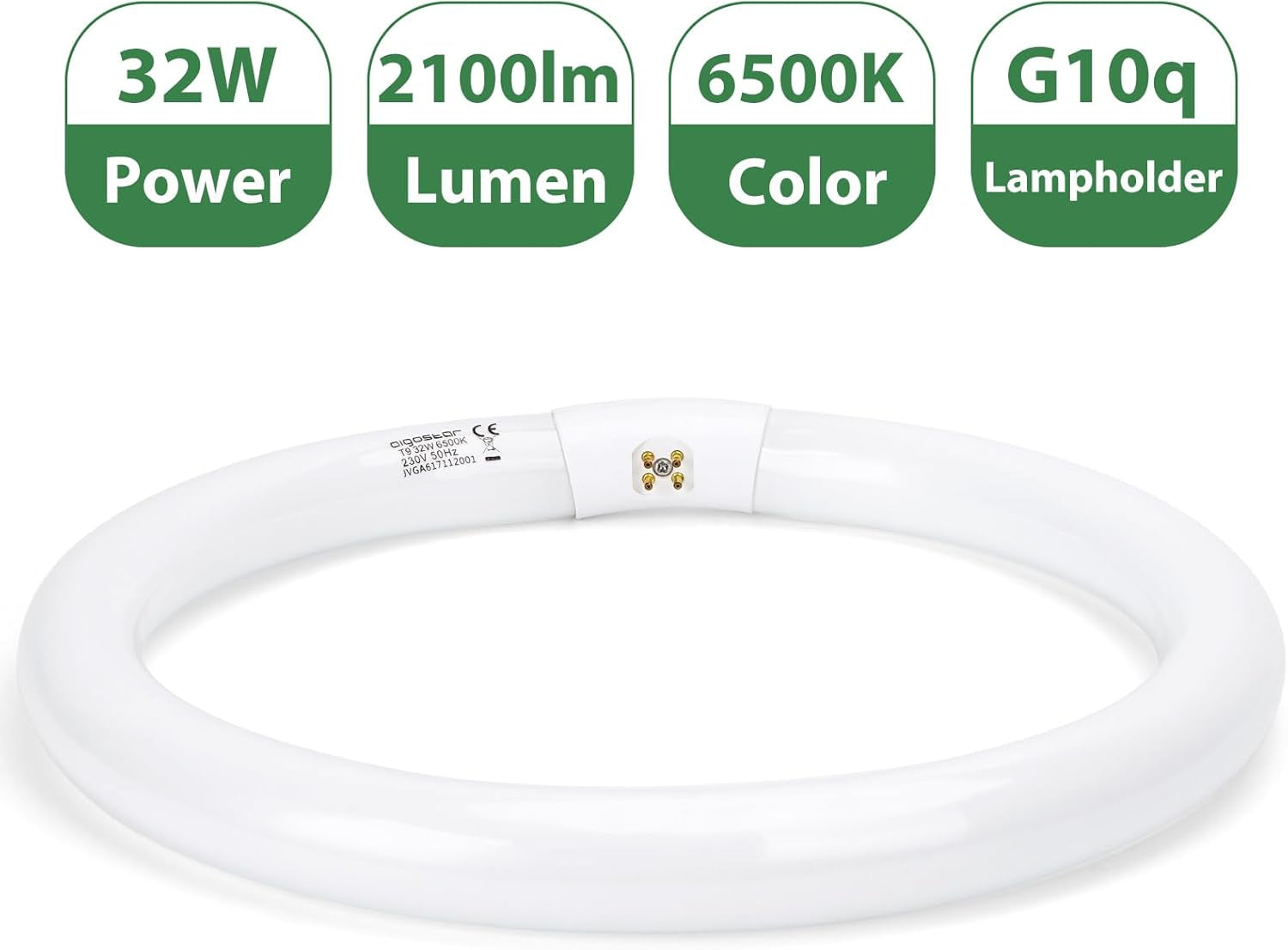 - T9 Lampadina Fluorescente Attacco G10Q, 32W 2100Lm 30Cm, Luce Bianca Fredda 6500K, Circolare, Vetro.