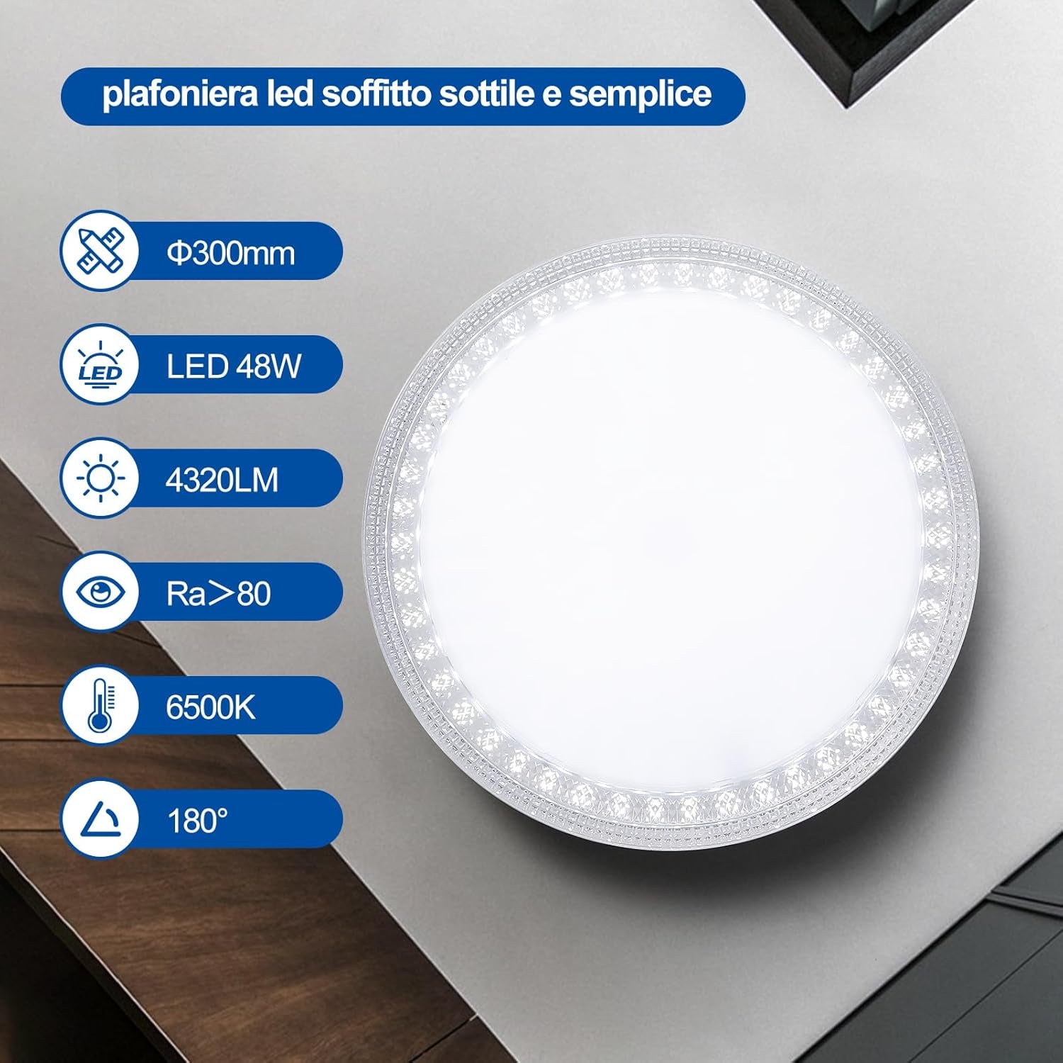 Plafoniera LED Soffitto 30Cm Rotondo 48W 6500K 4320LM Bianco Freddo per IP44 Bagno Cucina Camera Da Letto Soggiorno Corridoio Ufficio Cantina