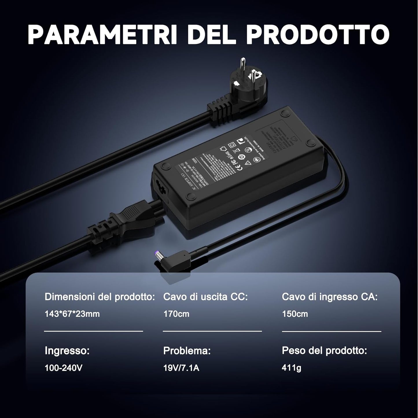 Alimentatore Di Rete per Computer Portatile, 135 W, 19 V, 7,1 A