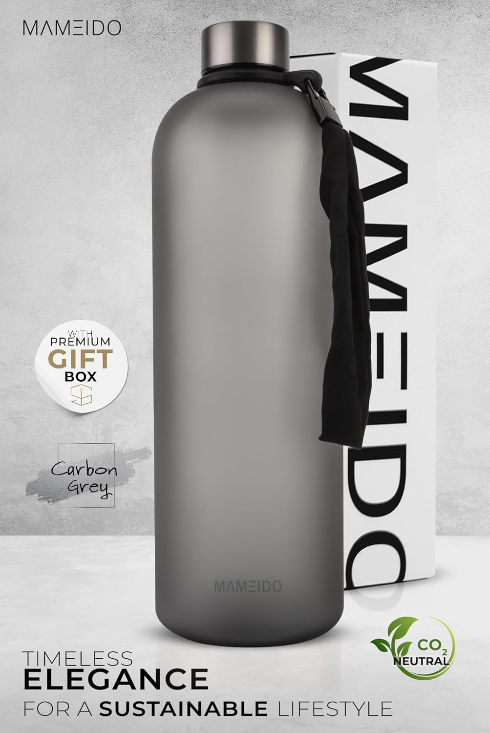 Bottiglia Acqua 1,5 Litro - Borraccia Plastica Tritan a Tenuta Stagna, Senza BPA - Bottiglia Motivazionale Con Orario (Carbon Grey, 1,5L)