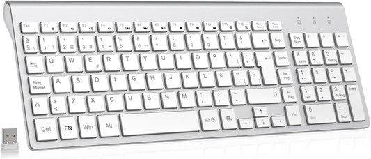 Tastiera Senza Fili, 2.4G QWERTY Spagnolo Layout, Tastiera Del Computer USB Con Tastiera Numerica E Tasti Ergonomici per Desktop/Pc/Laptop/Surface/Smart Tv/Notebook E Windows - Argento