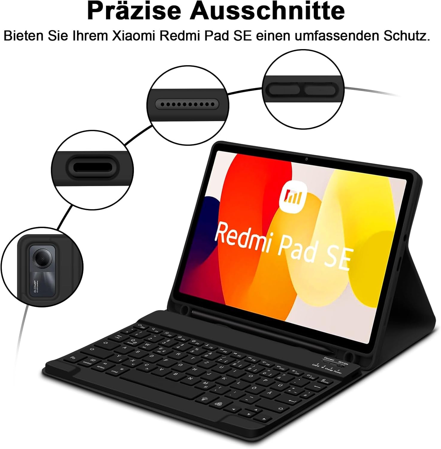per Xiaomi Redmi Pad SE 11" 2023 Custodia Con Tastiera, Tastiera Rimovibile Con Layout QWERTZ Con Custodia per Xiaomi Redmi Pad SE 2023 11 Pollici, Nero