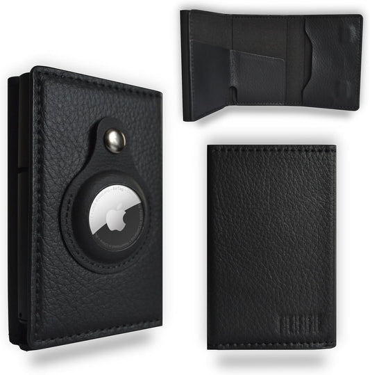 Portafoglio Uomo Vera Pelle Airtag anti Clonazione Portacarte Piccolo Schermato RFID Mini Wallet Airtag Apple (Nero)