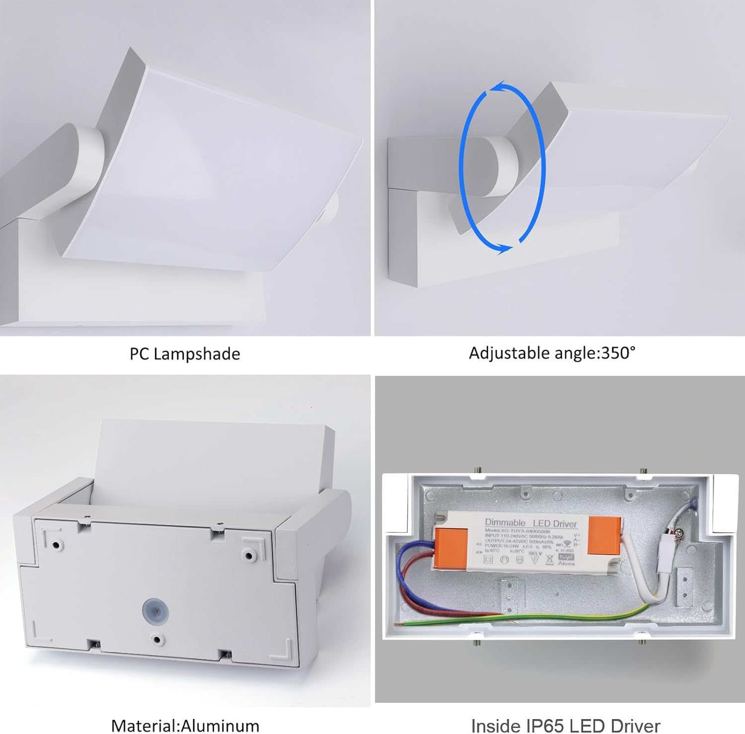 Applique LED Dimmerabile Esterno Interno 24W Controllo APP, Timer, IP65 Luci Da Parete, Lampade Da Parete Regolabile Moderno in Alluminio per Ingresso Balconi Giardini, Bianco, 3000K-6000K