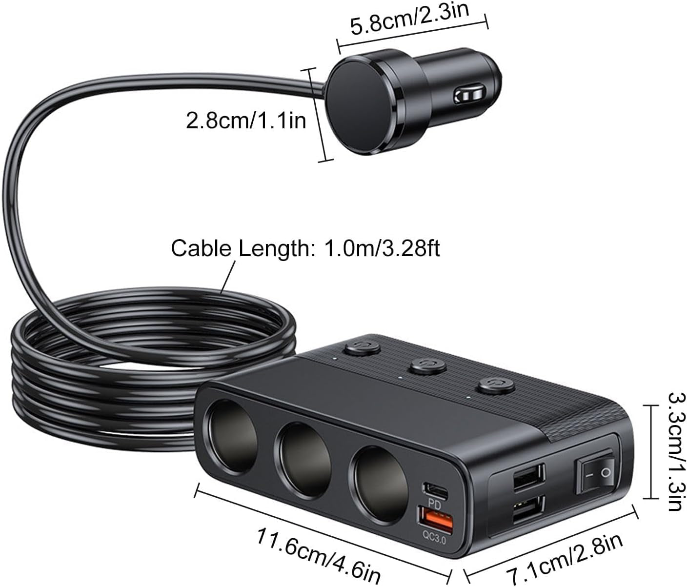 Splitter Accendisigari, 3 Prese Con Porta PD, Tripla USB A, Voltmetro E Interruttore a LED per Dispositivi Auto