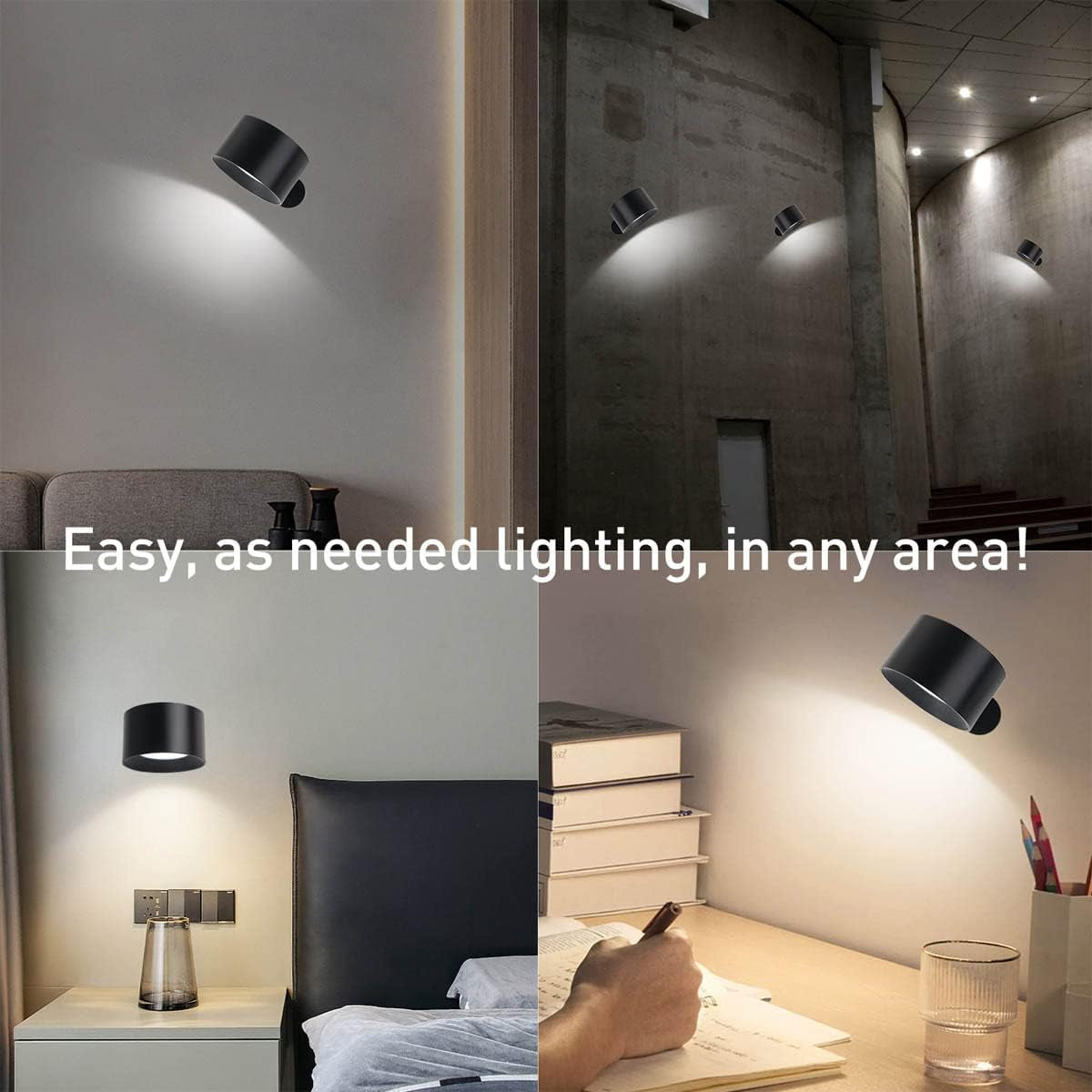 Lampada a LED Senza Fili Da Parete Con Ricarica USB-C E Supporto Magnetico Girevole a 360°, 3 Modalità Di Colore, Dimming a 3 Livelli (Colore Nero, Confezione Da 2)