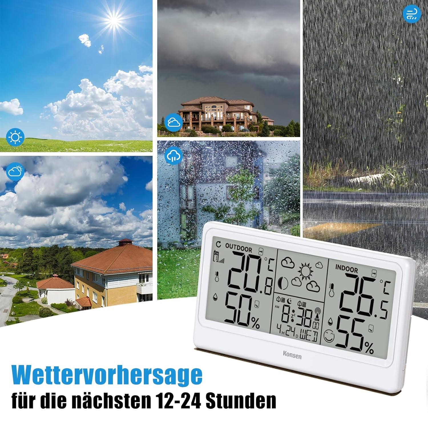 Stazione Meteo Radio Con Sensore Esterno, Orologio Radio DCF, Termometro Digitale, Igrometro Alimentato a Batteria, per Interni Ed Esterni, Con Previsioni Meteo, Bianco