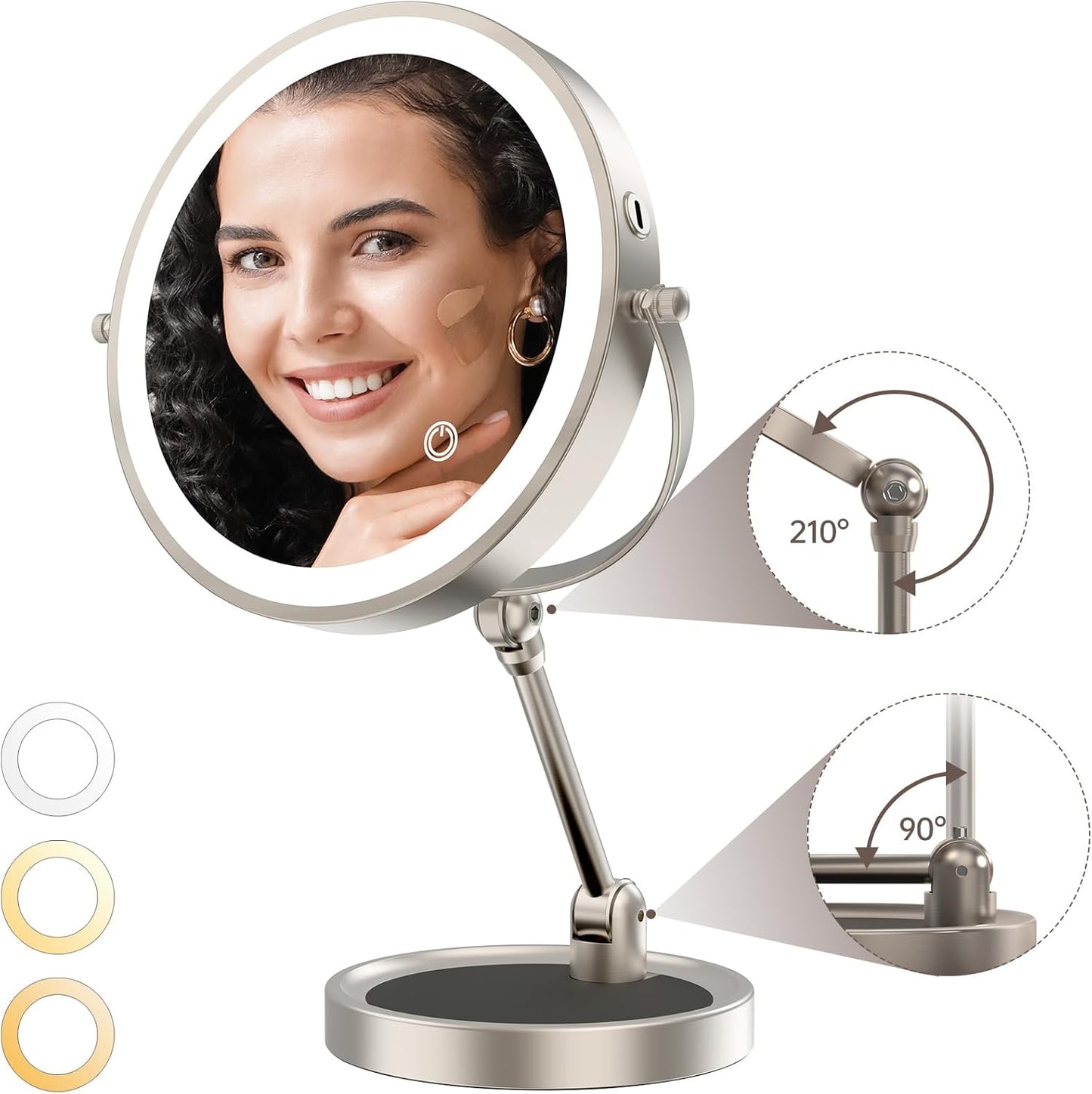 Specchio Trucco Con Luci Da 21 Cm Con Ingrandimento 10X/1X, Specchi Da Tavolo, Specchio Ingranditore Con Luce, Specchio a Doppia Faccia a 360° Con Luci a 3 Colori，Specchio Cosmetico Ingranditore