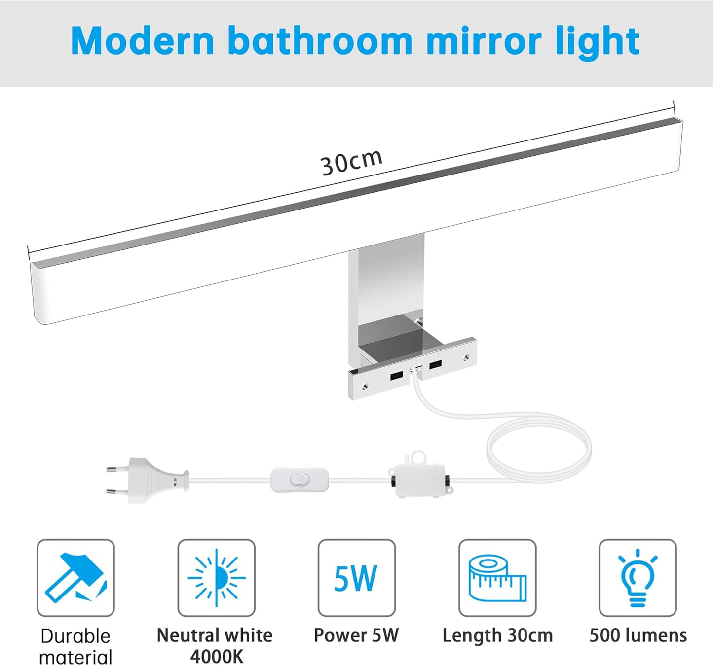 Lampada Specchio Bagno 5W,300Mm 500Lm Luce Specchio Bagno LED Con Interruttore a Filo,Bianco Neutro 4000K E Resistente All'Acqua IP44 Luci Specchio Bagno per Armadietto a Specchio