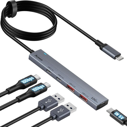Hub USB C  Da 10 Gbps Con 2 Porte USB-A E 2 Porte USB-C, Adattatore USB 3.2 Gen 2 Con Cavo Da 100 Cm, Splitter USB 5 in 1 per Laptop, PC Desktop, Macbook Pro/Air 2022/2021, Ecc.