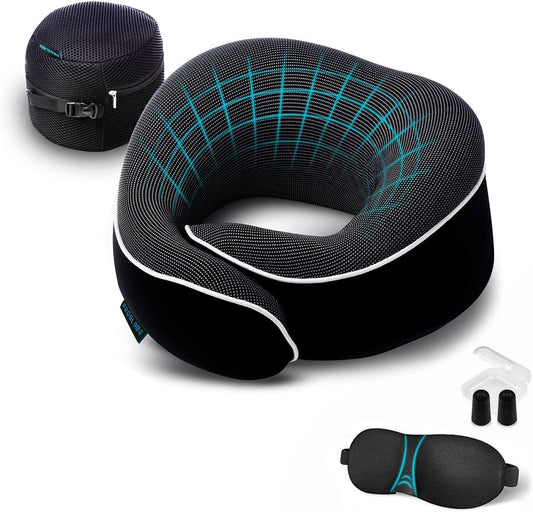 Cuscino Da Viaggio per Collo - Cuscino Cervicale, 100% Memory Foam, Cuscino per Dormire, Ideale per Viaggi in Aereo, Auto, Treno, Con Mascherina 3D, Tappi Orecchie E Borsa in Rete (Nero)