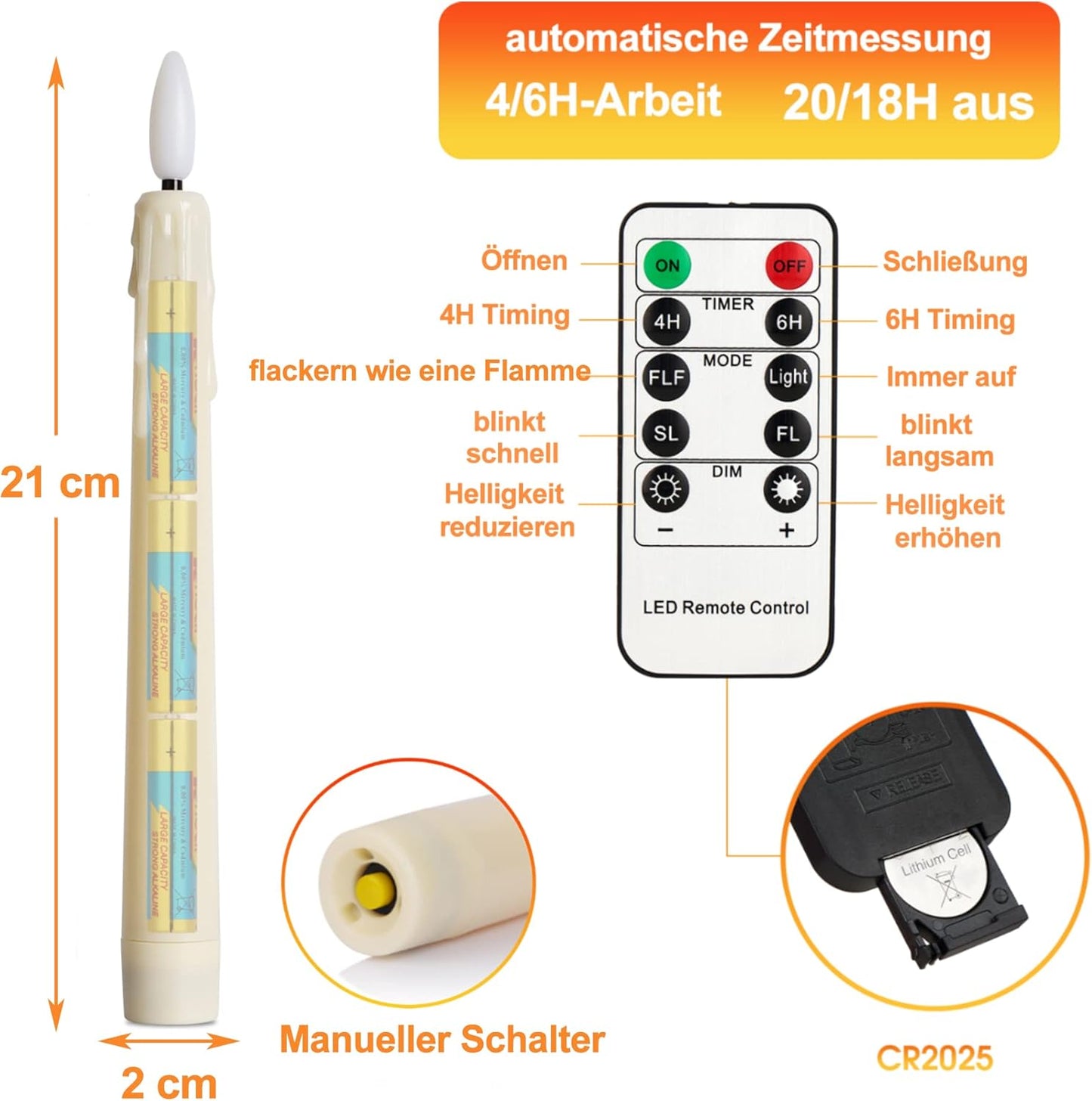 4 Candele a LED Con Telecomando E Timer, a Batteria, Dimmerabili, Luce Bianca Calda, Senza Fiamma, Candele per Finestre Con Effetto Cera Antigoccia, 3D, Decorazione Natalizia