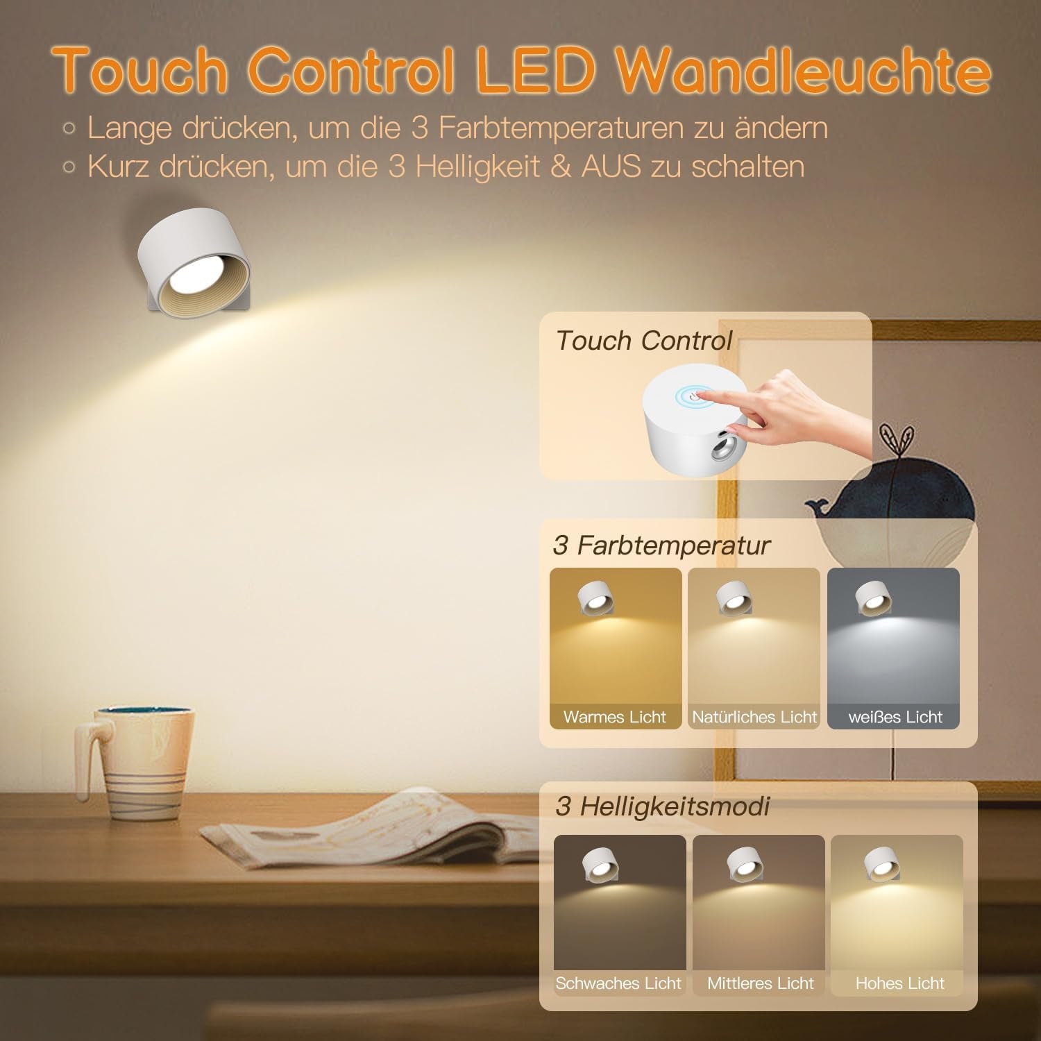 Lampada Da Parete a LED per Interni, Colore Bianco, 2 Pezzi, Senza Collegamento Di Alimentazione, Touch Control 3 Modalità Di Colore, 3 Livelli Di Luminosità, Lampada Da Parete Con