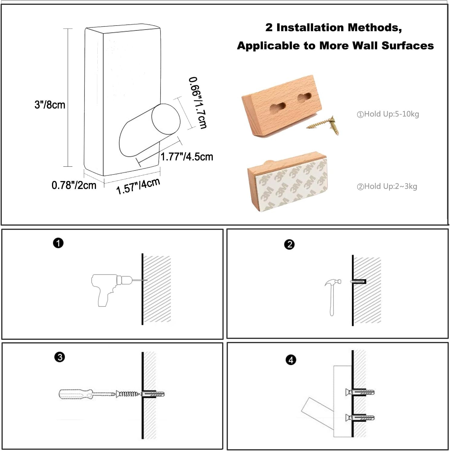Confezione Da 4 Ganci Autoadesivi Da Parete in Legno, Appendiabiti Decorativi in Legno, Ganci in Legno, Ganci per Cappelli (Rettangolo Di Noce Nero- 4P)