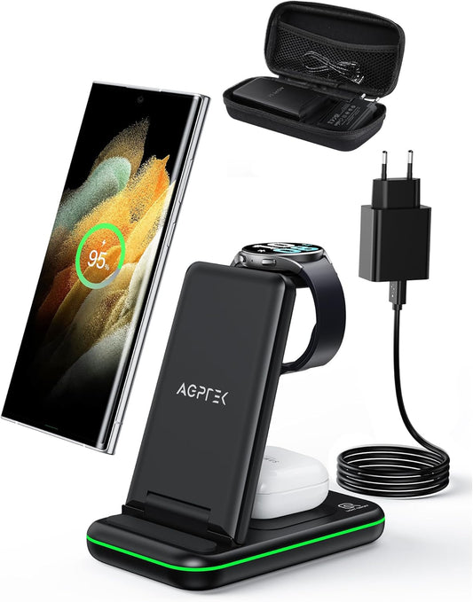 Caricatore Wireless 3 in 1 per Samsung, Ricarica Wireless Rapida 15W per Samsung S23/22/21/20, Note 20/10/9/8, Serie Z Flip, Serie Z Fold, Galaxy Watch 6/5/4/3, Galaxy Buds 2/+/Pro/Live