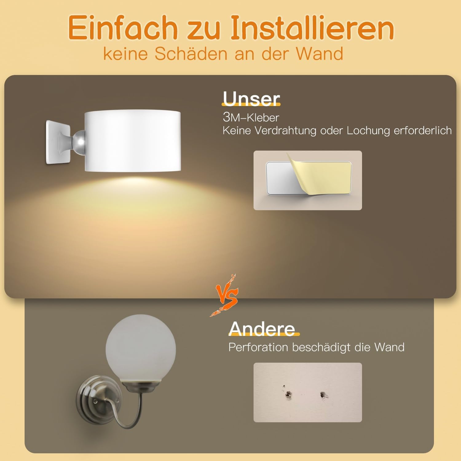 Lampada Da Parete a LED per Interni, Colore Bianco, 2 Pezzi, Senza Collegamento Di Alimentazione, Touch Control 3 Modalità Di Colore, 3 Livelli Di Luminosità, Lampada Da Parete Con