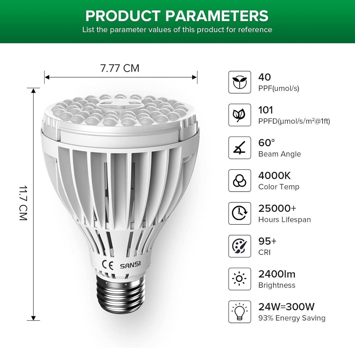 24W Lampada LED per Piante Spettro Completo E27 Bianco 300W Equivalente per Coltivazione Di Piante Da Interno Coltiva La Luce Con Alta PPFD 4000K Luci Diurne per Semina E Fruttificazione