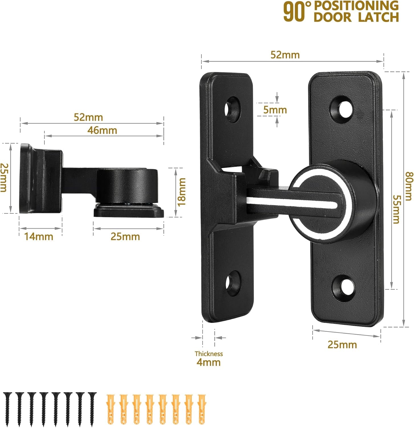 Acbungji Chiavistello per Porta Luminoso Chiavistello per Porta a 90° Chiavistello per Porta Scorrevole con Viti per Tutte le Porte Interne ed Esterne, Nero