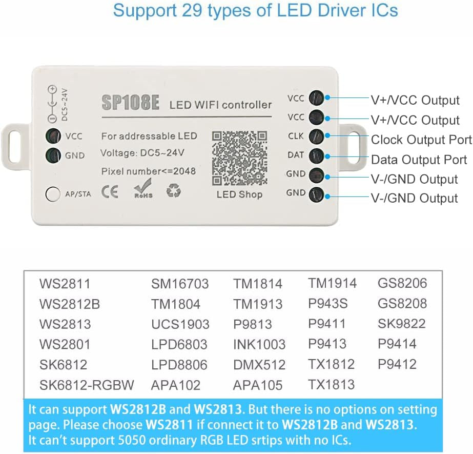 SP108E Controller Wifi DC 5-24V per Strisce LED, Controllore Wifi Dell'App Ios Android per Striscia LED RGBW WS2812 WS2813 WS2815 [Classe Di Efficienza Energetica A]