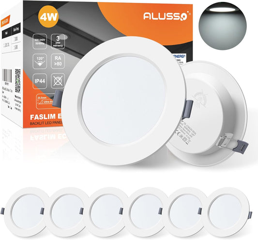Faretti LED Da Incasso per Cartongesso, 4W 230V Bianco Freddo 6500K IP44 Ultrasottili 25Mm Rotondi Bianco Luci Da Incasso per Bagno Cucina, Diametro 98Mm, Diametro Foro 75-90Mm, Set Di 6