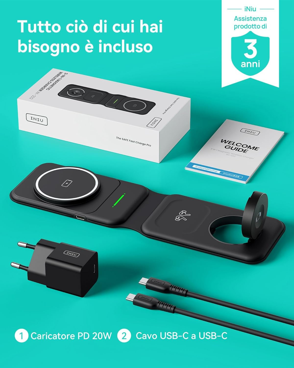 Caricatore Wireless Iphone, Magsafe 3 in 1 Base Ricarica Certificato Qi, Da Viaggio Caricabatterie Wireless Universale per Iphone 15 14 13 12 plus Apple Watch 8 7 6 Ultra Airpods 3 2 Pro Ecc.