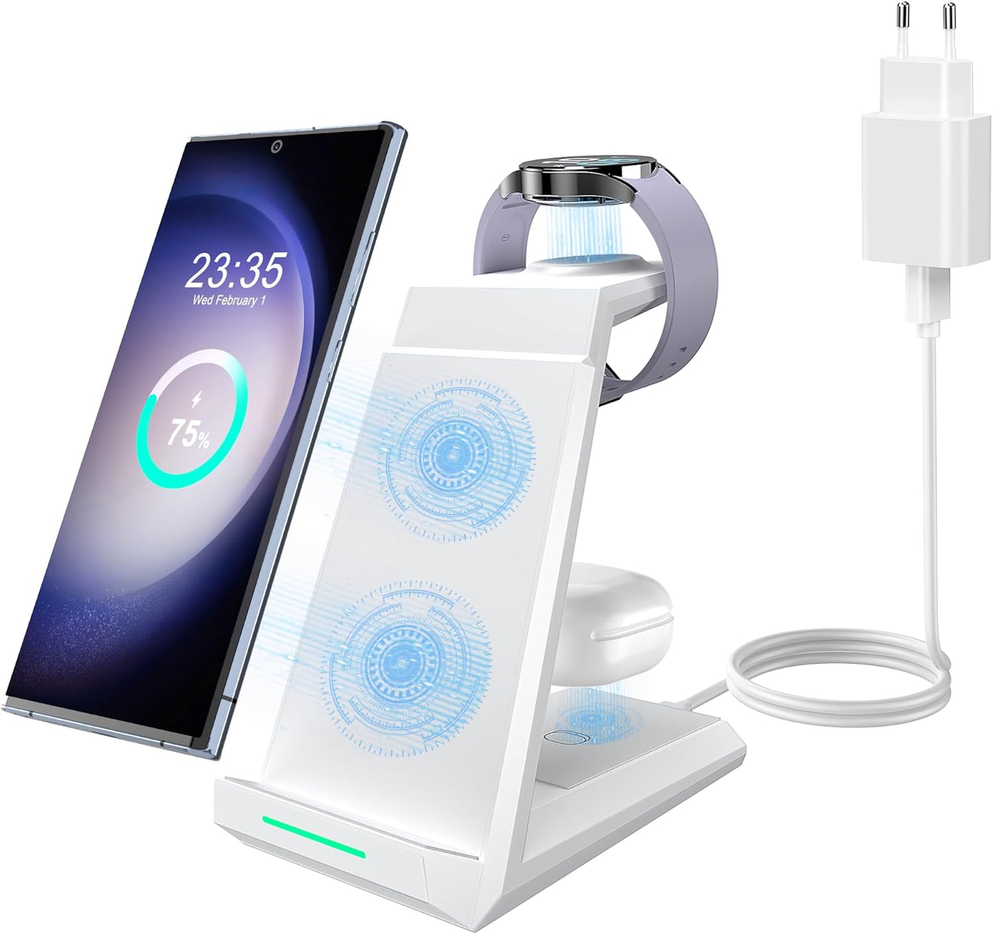 AD - Caricatore Senza Fili 3 in 1, Compatibile Con Galaxy Watch 6/5/5 Pro/4/3/Active 2, per Samsung S24 S23 S22 Ultra S21 Note 20 Galaxy Buds (Bianco1)
