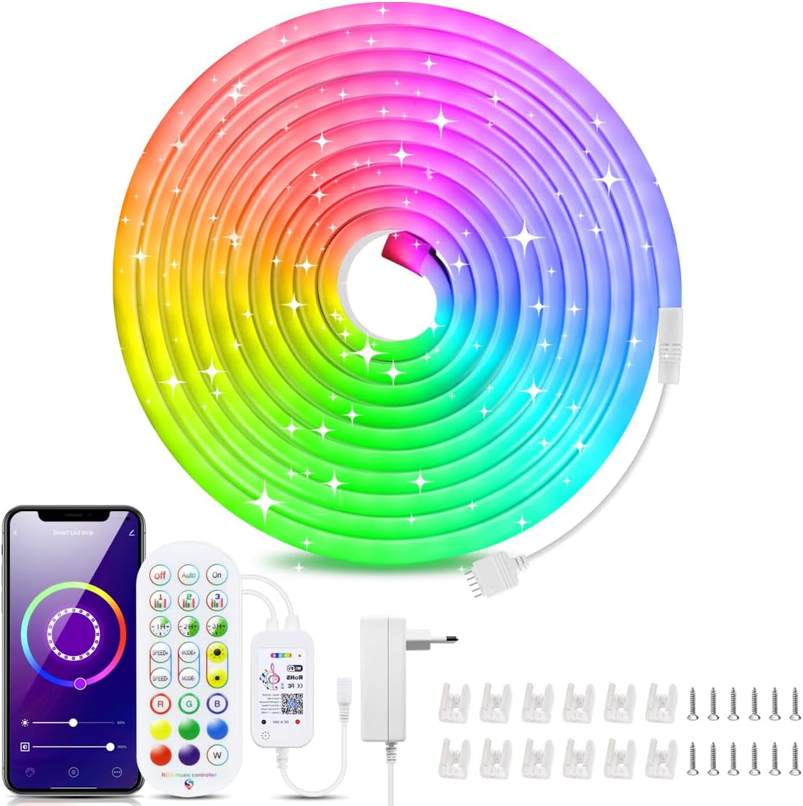 Striscia LED RGB Al Neon, IP65, Impermeabile, in Silicone Flessibile, Con Alexa, Telecomando, Controllo App, Sincronizzazione Musicale, Funzionante, Striscia LED per Interni Ed Esterni, Decorazione