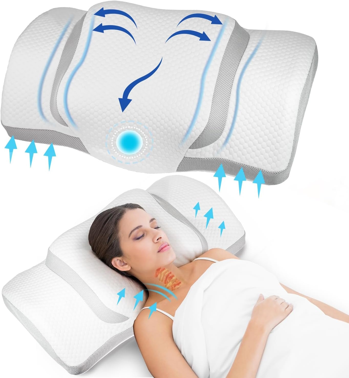 Cuscino Cervicale, Cuscino Ergonomico per Dolori Al Collo, in Memory Foam, Cuscino Ortopedico per Donne, Uomini, Cuscino Anti-Russare per Fianchi, Schiena E Pancia (67,3 X 38,2 X 13,8/3 Cm)
