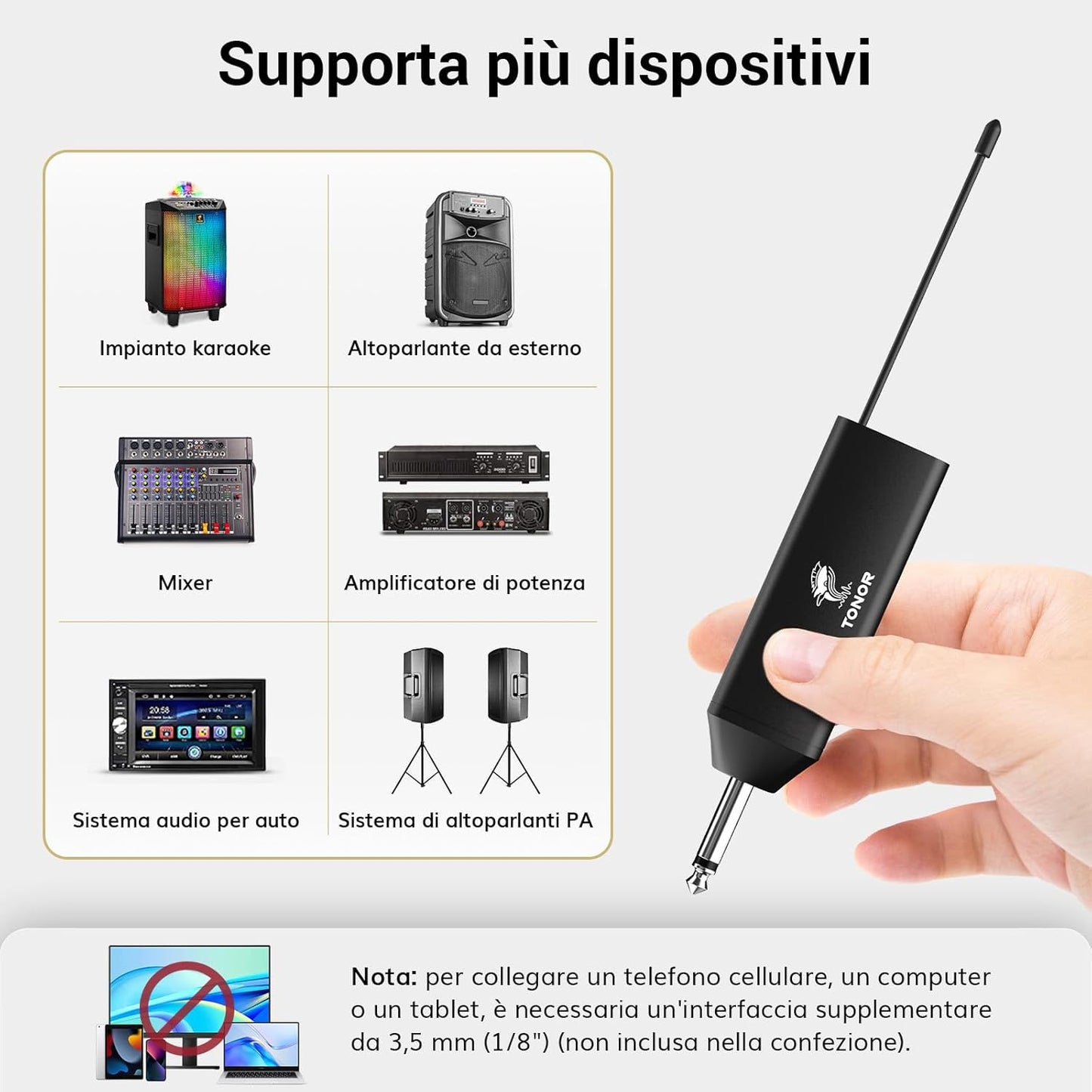 Microfono Wireless UHF Con Microfono Archetto/Lavalier Microphone Lapel Mic E Trasmettitore Bodypack E Mini Ricevitore Ricaricabile 1/4" Uscita, Distanza 60M Segnale Stabile per Prestazioni Live